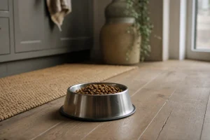 Rostfri hundskål med torrfoder på ett trägolv i mjukt dagsljus